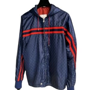 RARE Gucci GG Monogram Jacquard Nyln Windbreaker Jacket Navy/Red US Sz XL/ EU 54